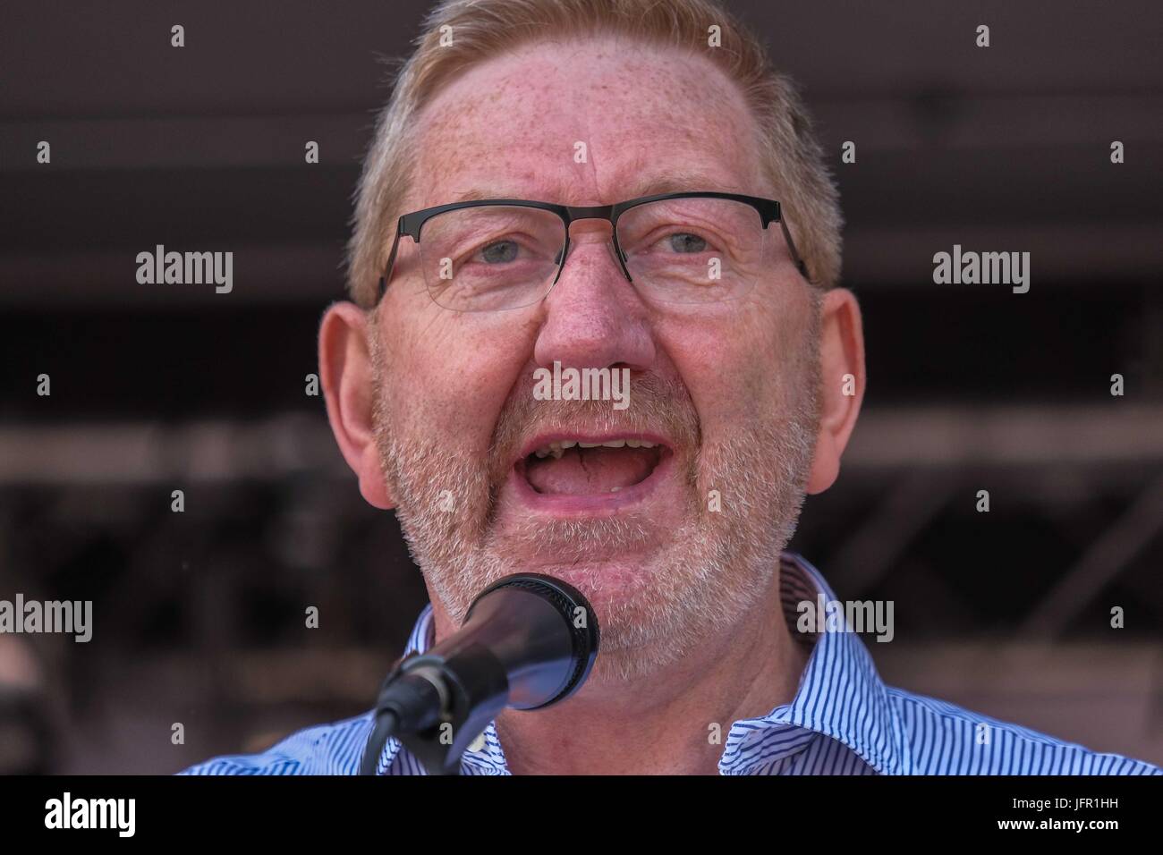 London, UK. 01st July, 2017. Len McCluskey General Secretary of Unite the Union. addresses the crowd. Thousands of protesters march through London and rally in Parliament Square calling for a change in government and an end to austerity. Credit: Claire Doherty/Pacific Press/Alamy Live News Stock Photo