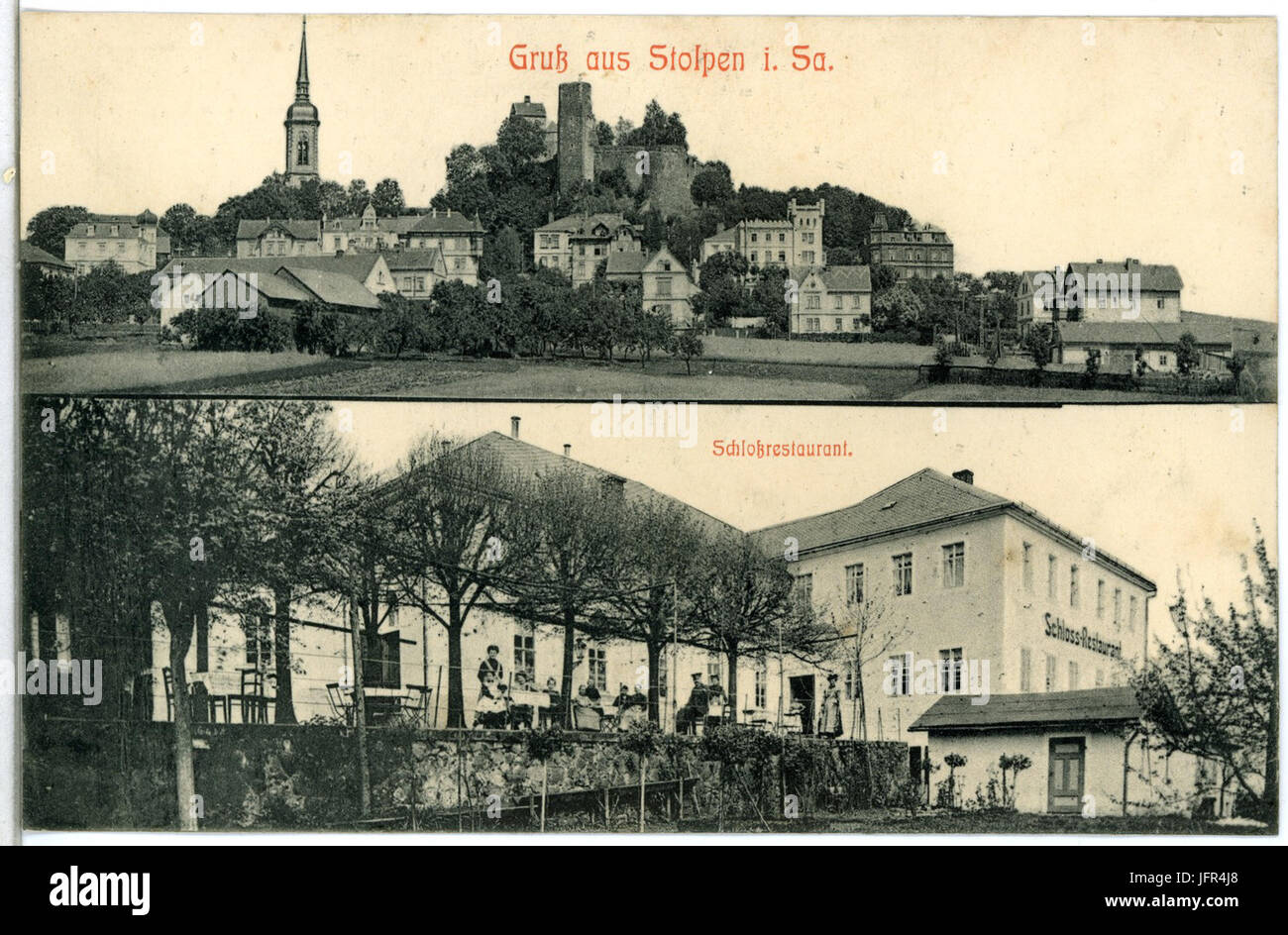 14136-Stolpen-1912-Schloßrestaurant - Stadtansicht-Brück & Sohn Kunstverlag Stock Photo