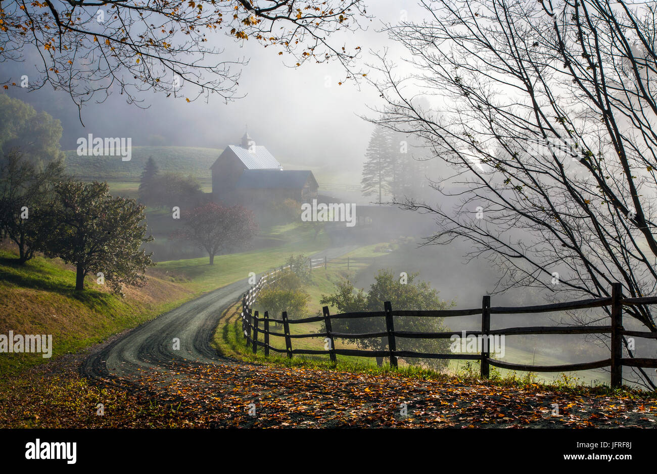 Historic Sleepy Hollow Farm in the fog, long driveway, winding path