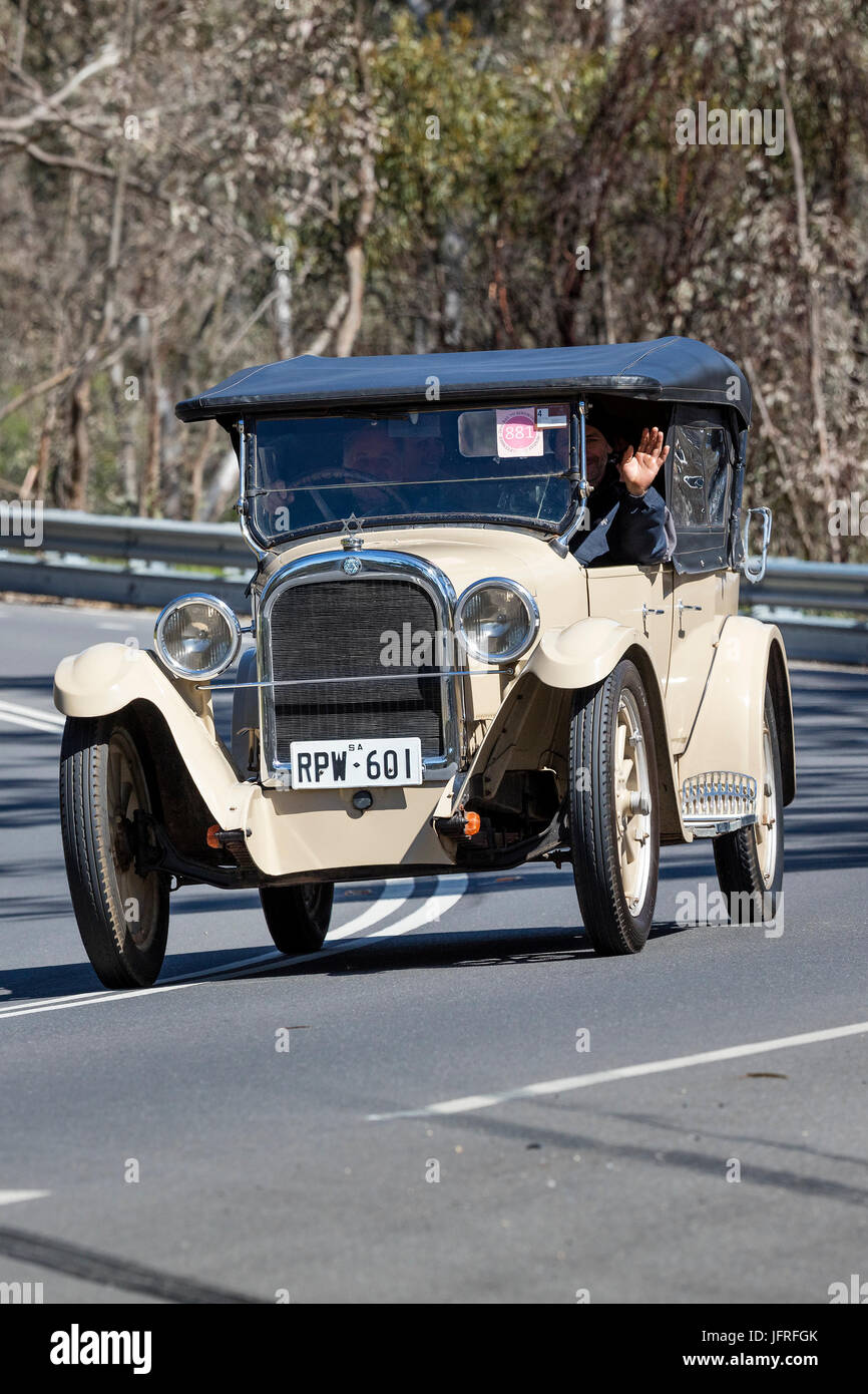 Vintage 1924 Dodge Tourer driving on country roads near the town of Birdwood, South Australia. Stock Photo