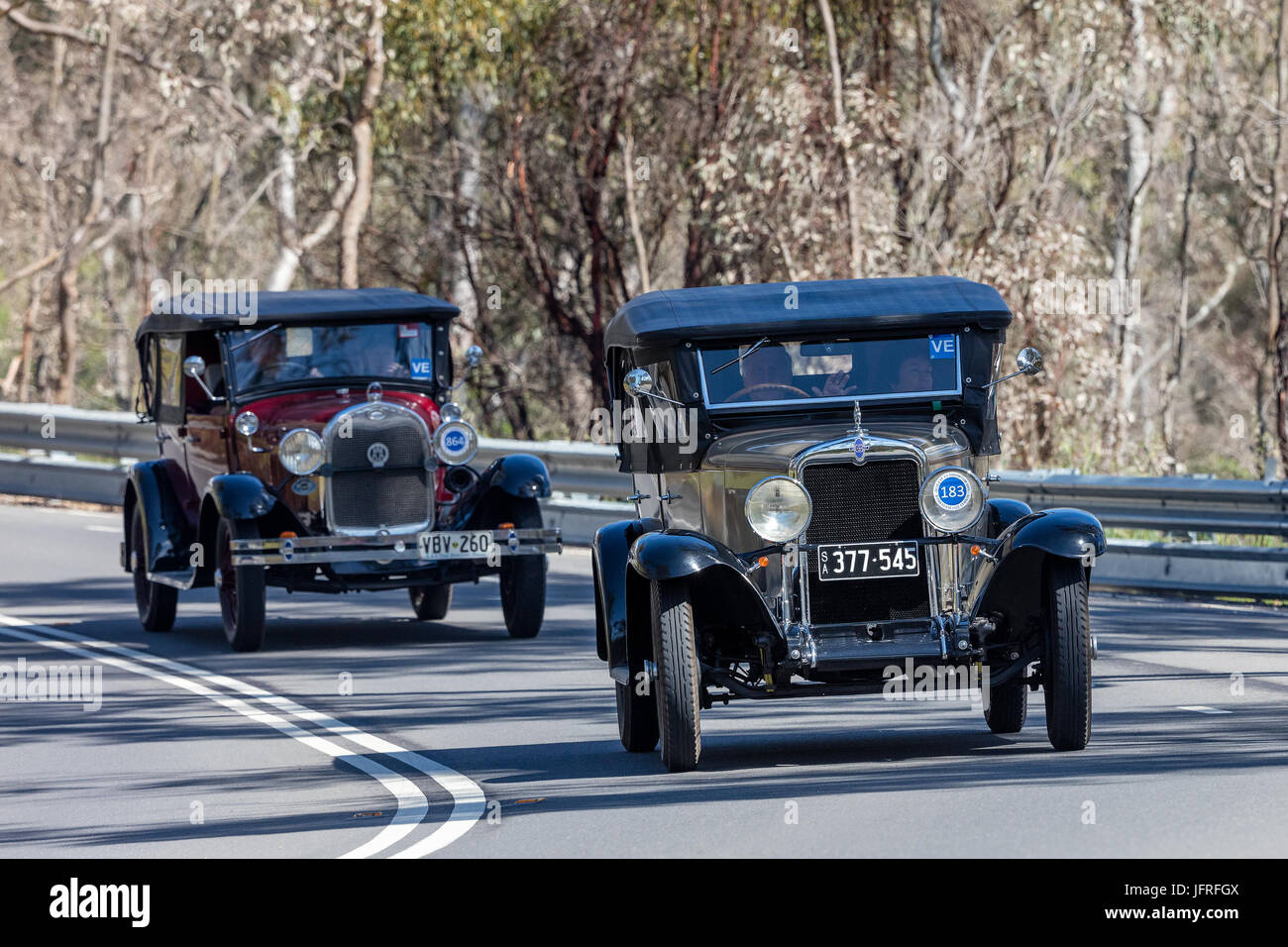 Vintage 1929 Chevrolet Sedan Tourer driving on country roads near the town of Birdwood, South Australia. Stock Photo
