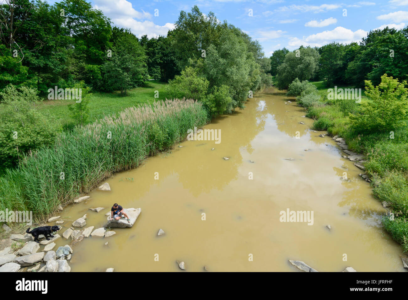 river Raab, people, dog, Jennersdorf, Südburgenland, Burgenland, Austria Stock Photo