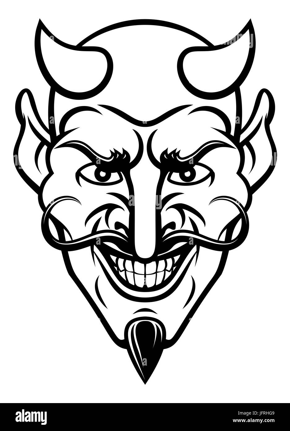 A devil cartoon character sports mascot face with an evil grin Stock