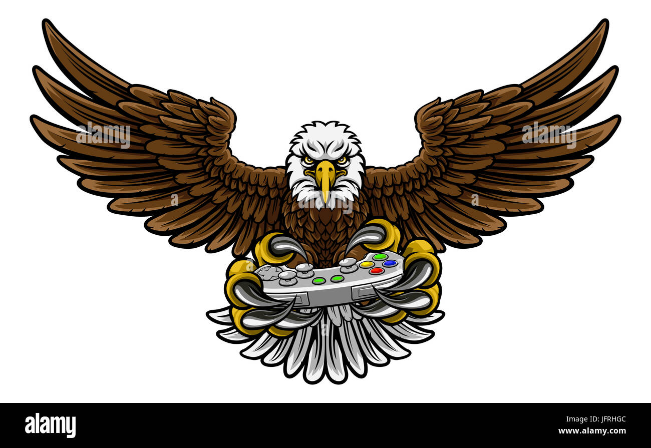 An eagle cartoon character player gamer esports sport mascot holding a video games controller Stock Photo