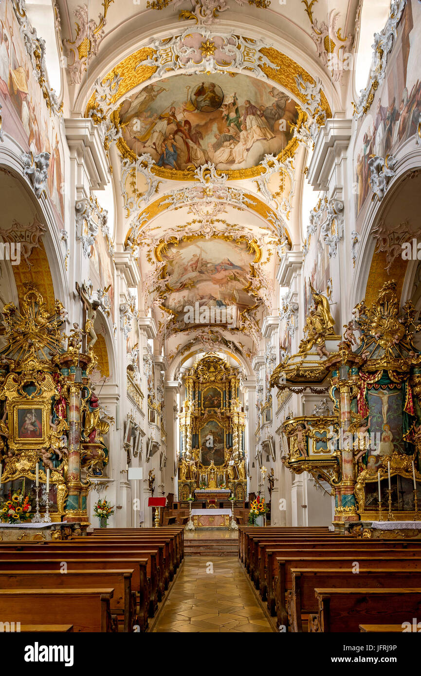 Nave with altars, interior of the monastery church of the Ascension, rococo church, Markt Indersdorf, Upper Bavaria, Bavaria Stock Photo