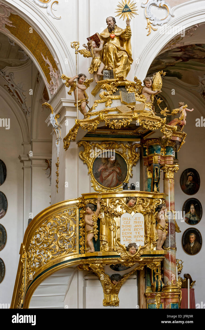 Pulpit with church lecturer Augustinus, interior of the monastery church of the Ascension, rococo church, Markt Indersdorf Stock Photo