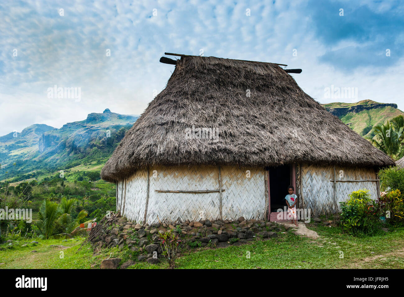 Traditional thached roofed huts in Navala in the Ba Highlands of Viti ...