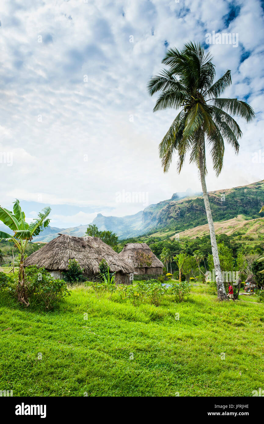 Traditional thached roofed huts in Navala in the Ba Highlands of Viti ...