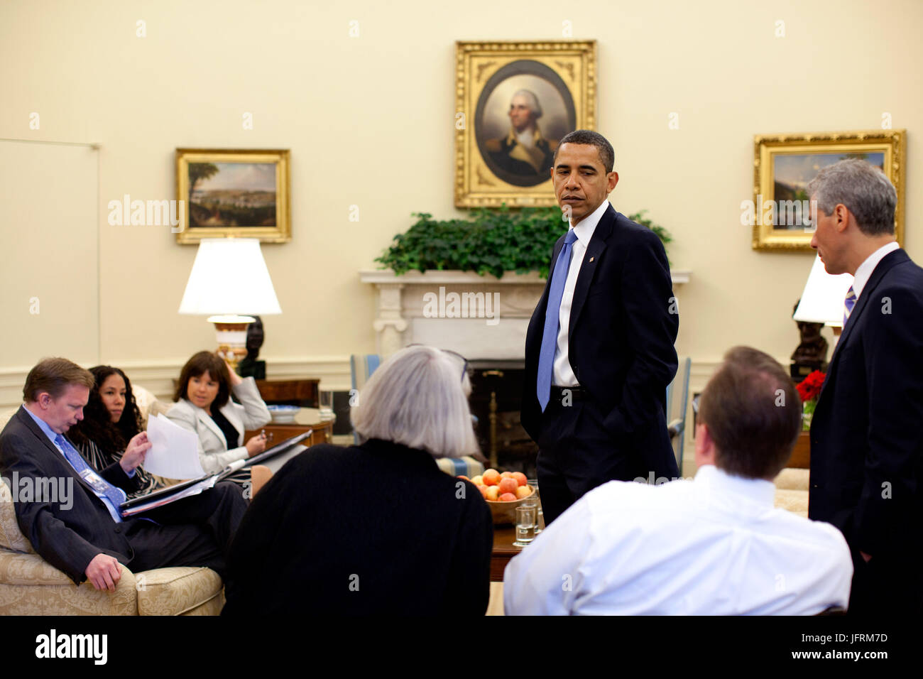 President Barack Obama at a senior advisors meeting in the Oval Office at the White House May 11, 2009. Official White House Photo by Pete Souza.  This official White House photograph is being made available for publication by news organizations and/or for personal use printing by the subject(s) of the photograph. The photograph may not be manipulated or used in materials, advertisements, products, or promotions that in any way suggest approval or endorsement of the President, the First Family, or the White House. Stock Photo