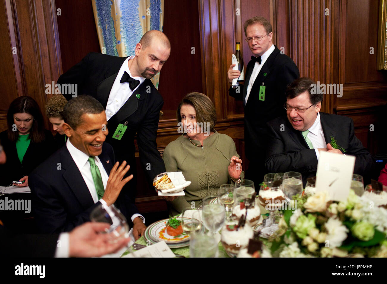 President Barack Obama and Prime Minister  Brian Cowen of Ireland attend a St. Patrick's Day lunch hosted by House Speaker Nancy Pelosi in the Rayburn Building, U.S. Capitol, Washington D.C. 3/17/09. Official White House Photo by Pete Souza Stock Photo