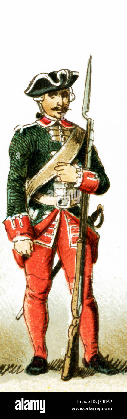 The figure represented here is a French guardsman under Louis XV from 1700 to 1750 A.D. The illustration dates to 1882. Stock Photo