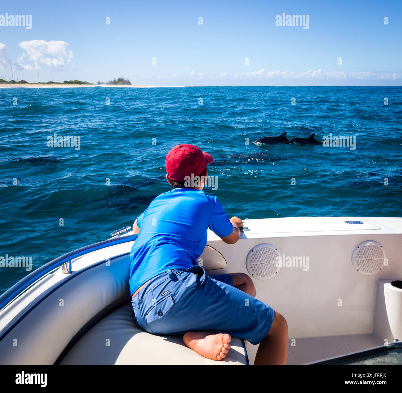 10 year old boy watching Hawaiian spinner dolphins off Napali Coast seen from coastal catamaran cruise in Kauai, Hawaii, USA. Stock Photo