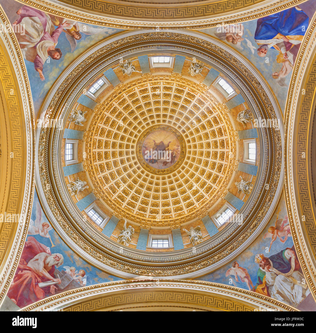 Turin - The fresco of four doctors of west catholic church (Athanas, Augustine, Jerome, Leo) cupola of church Chiesa di San Massimo. Stock Photo
