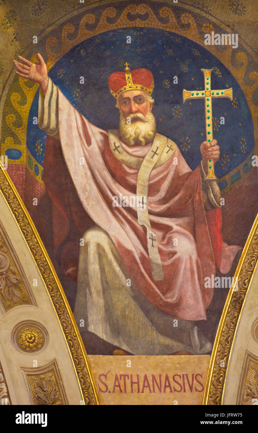 TURIN, ITALY - MARCH 15, 2017:  The fresco of St. Athanas doctor of the church in cupola of church Basilica Maria Ausiliatrice by Giuseppe Rollini Stock Photo