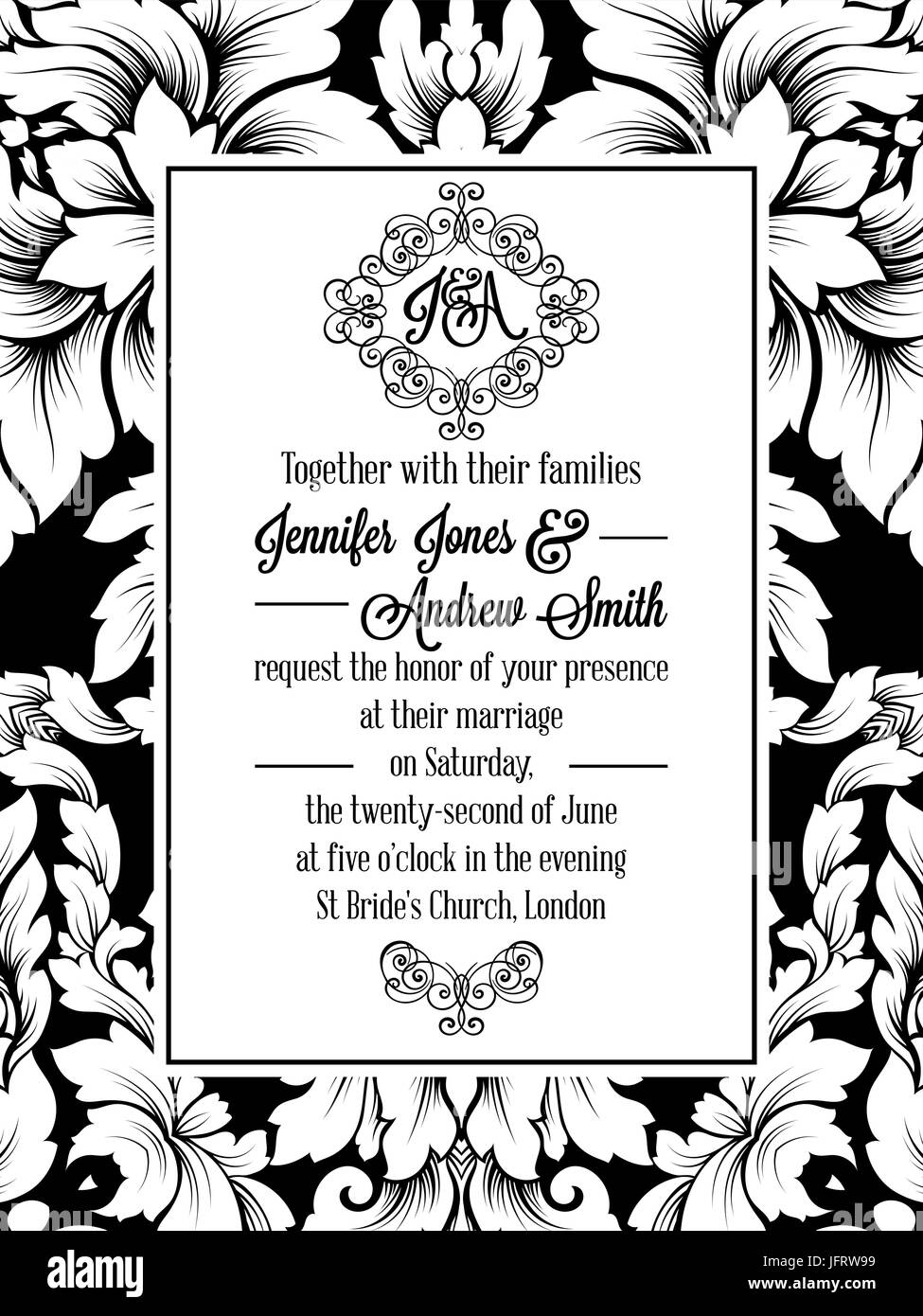 Damask pattern design for wedding invitation in black and white ...