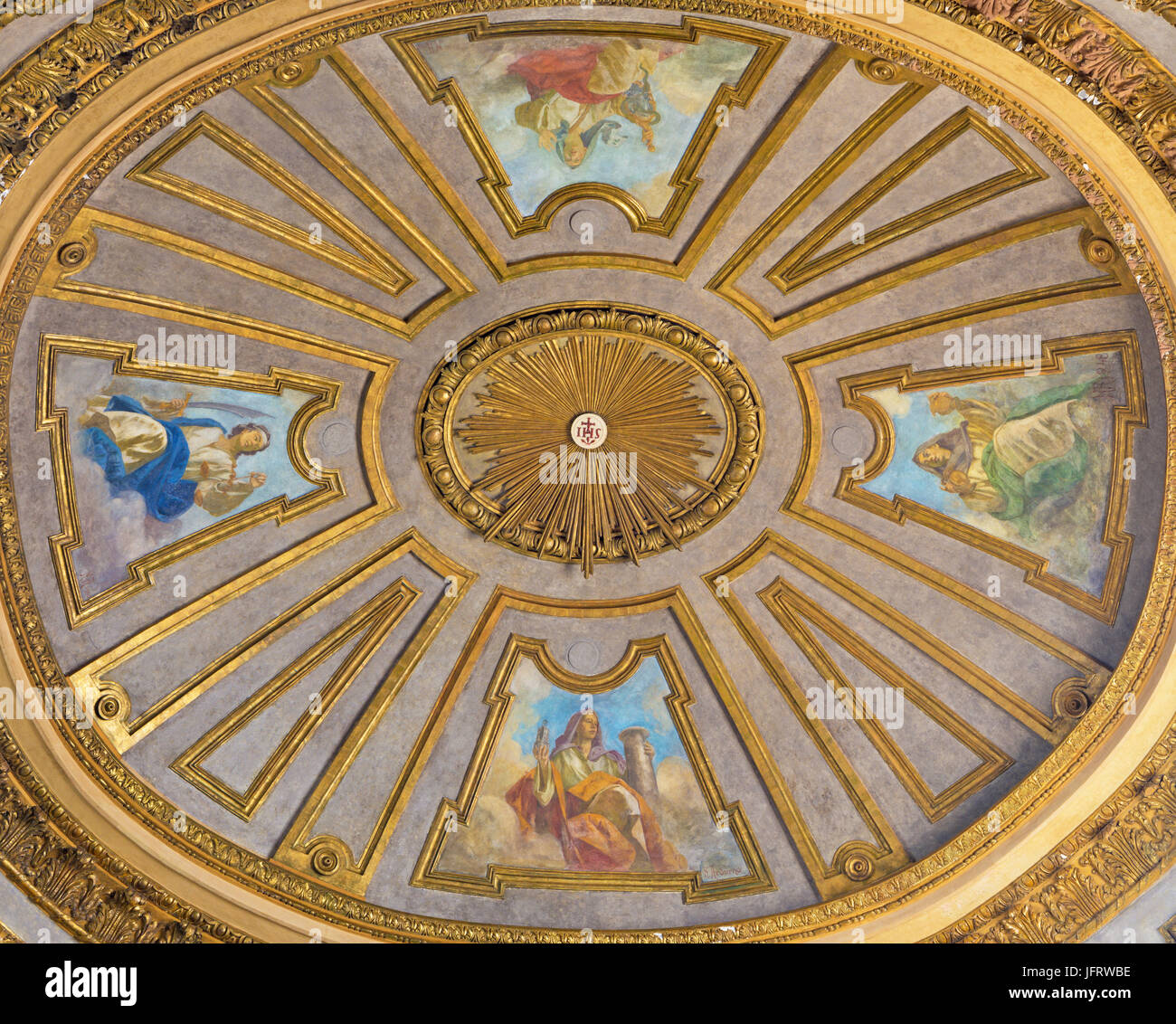 TURIN, ITALY - MARCH 14, 2017: The cupola with the fresco of virtues in church Basilica del Corpus Christi by Nicola Arduino (1948). Stock Photo