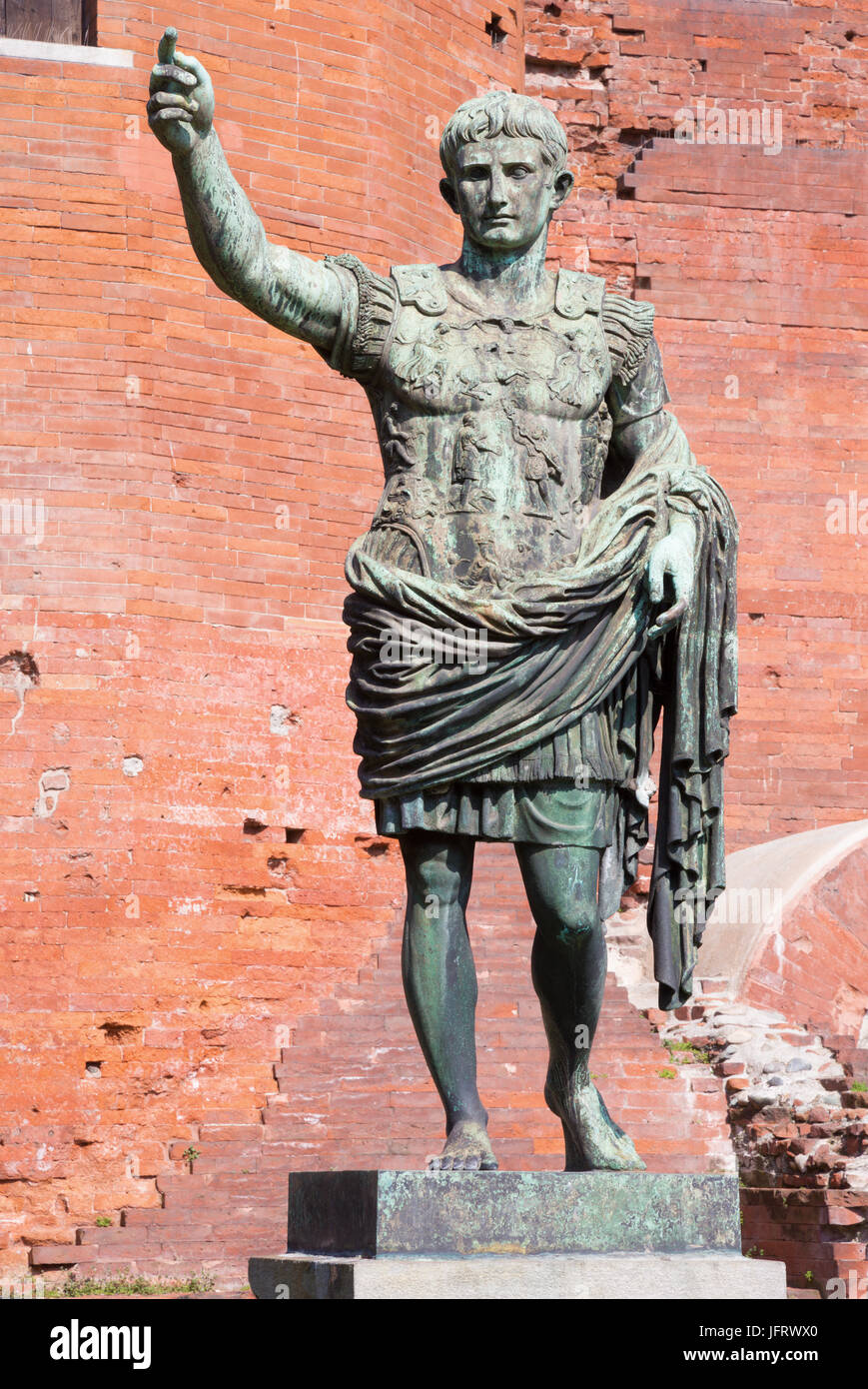 Turin - The bronze statue of emperor Octavianus Augustus in front of The Palatine Gate as the copy of marble stutue in Vaticans Museum in Rome from 1. Stock Photo