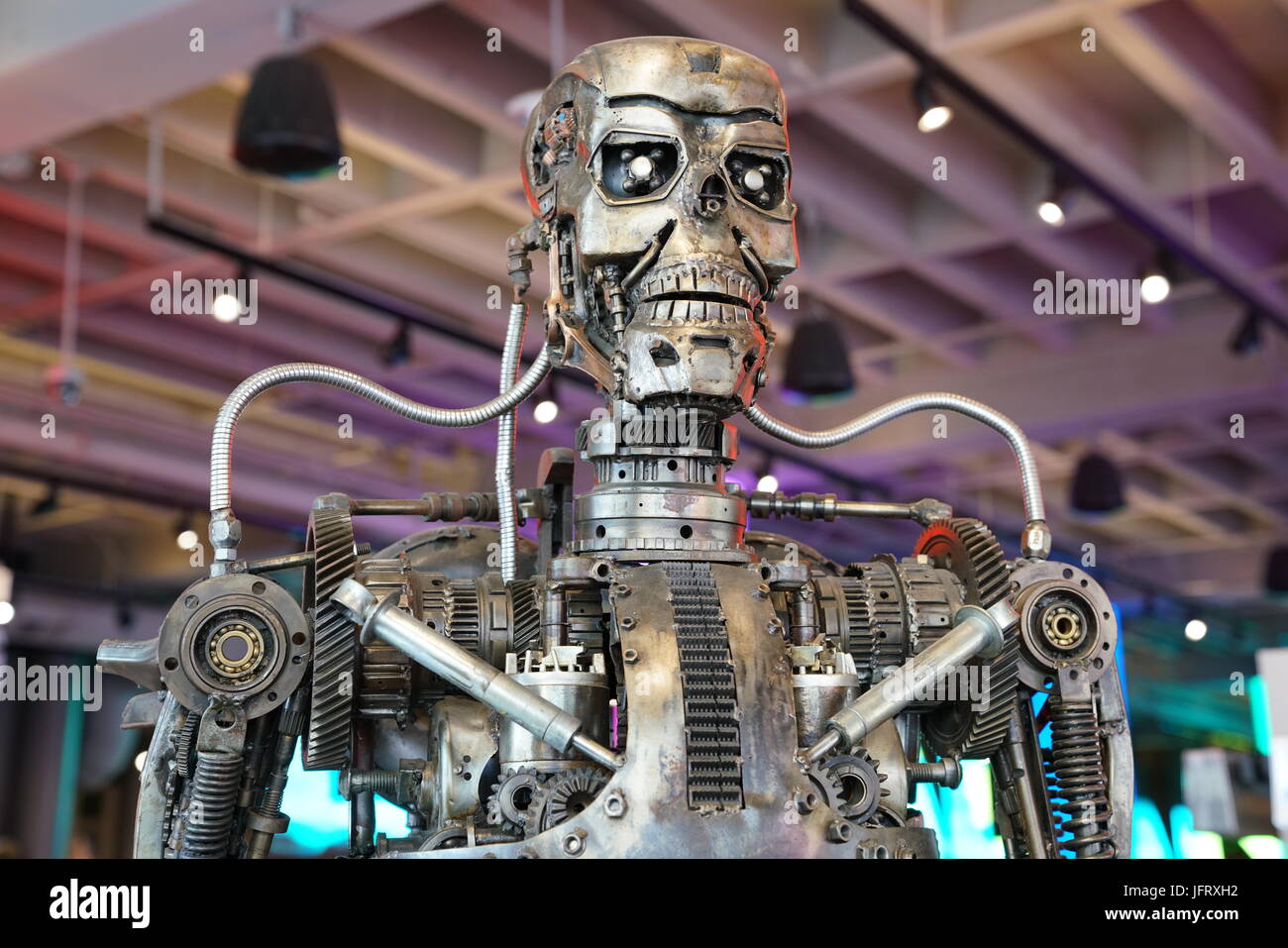 Los Angeles, California, USA - JUNE 25, 2017: Cyberdyne Systems Model 101 Series T-800 Terminator metal endoskeleton in the souvenirs gift shop Stock Photo