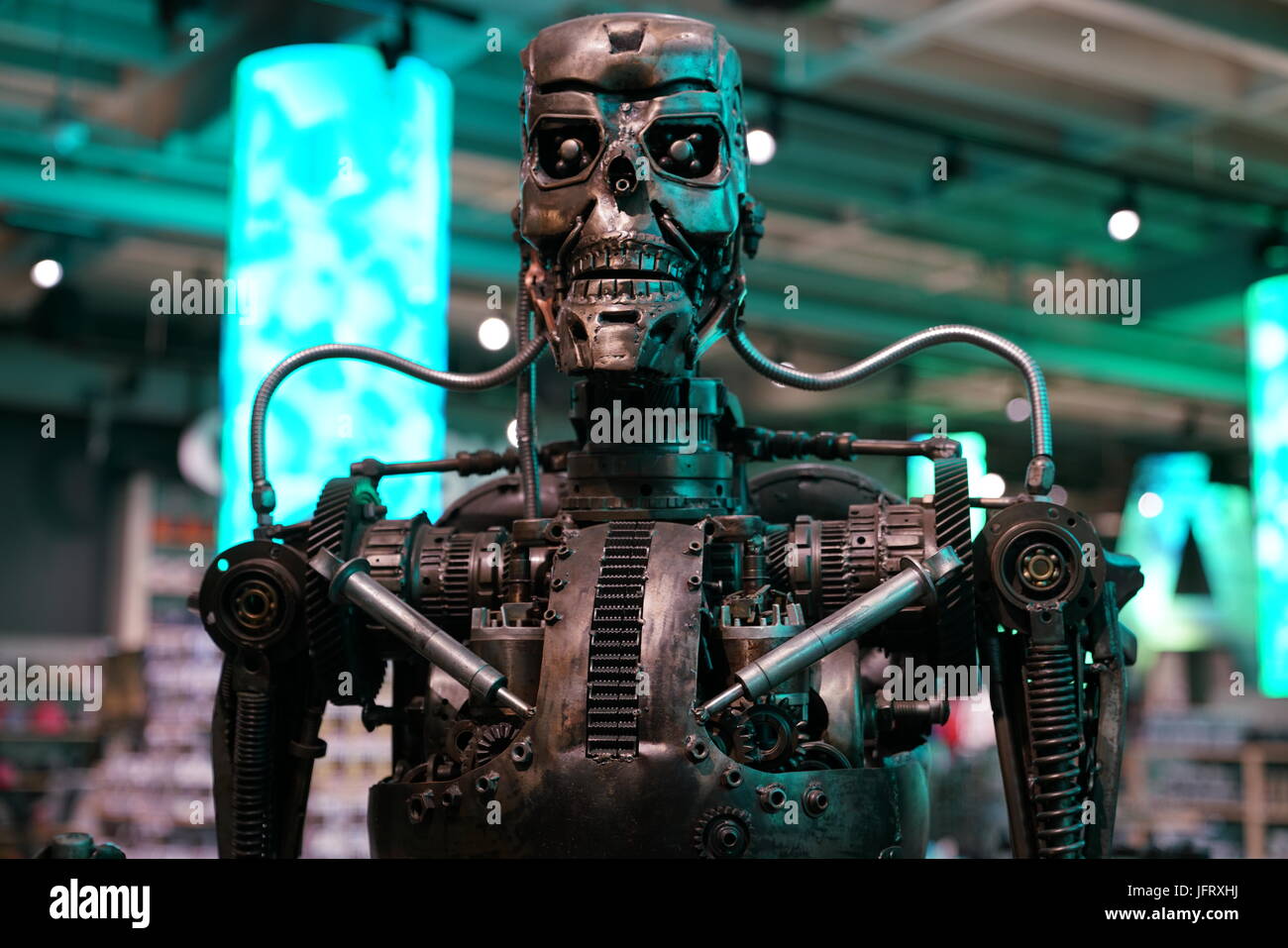 Los Angeles, California, USA - JUNE 25, 2017: Cyberdyne Systems Model 101 Series T-800 Terminator metal endoskeleton in the souvenirs gift shop Stock Photo