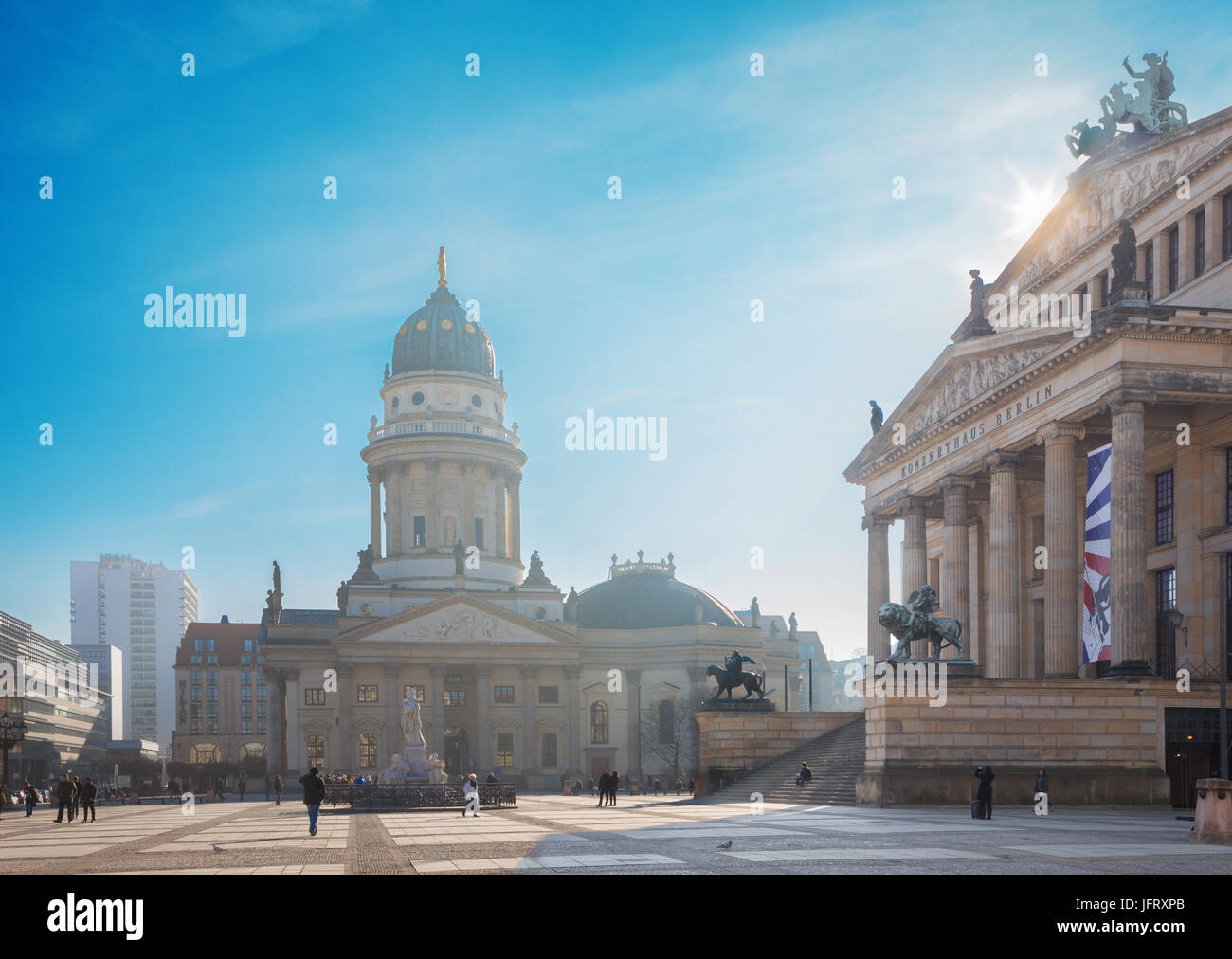 BERLIN, GERMANY, FEBRUARY - 14, 2017: The church Deutscher Dom and the memorial of Friedrich Schiller on the Gendarmenmarkt square. Stock Photo