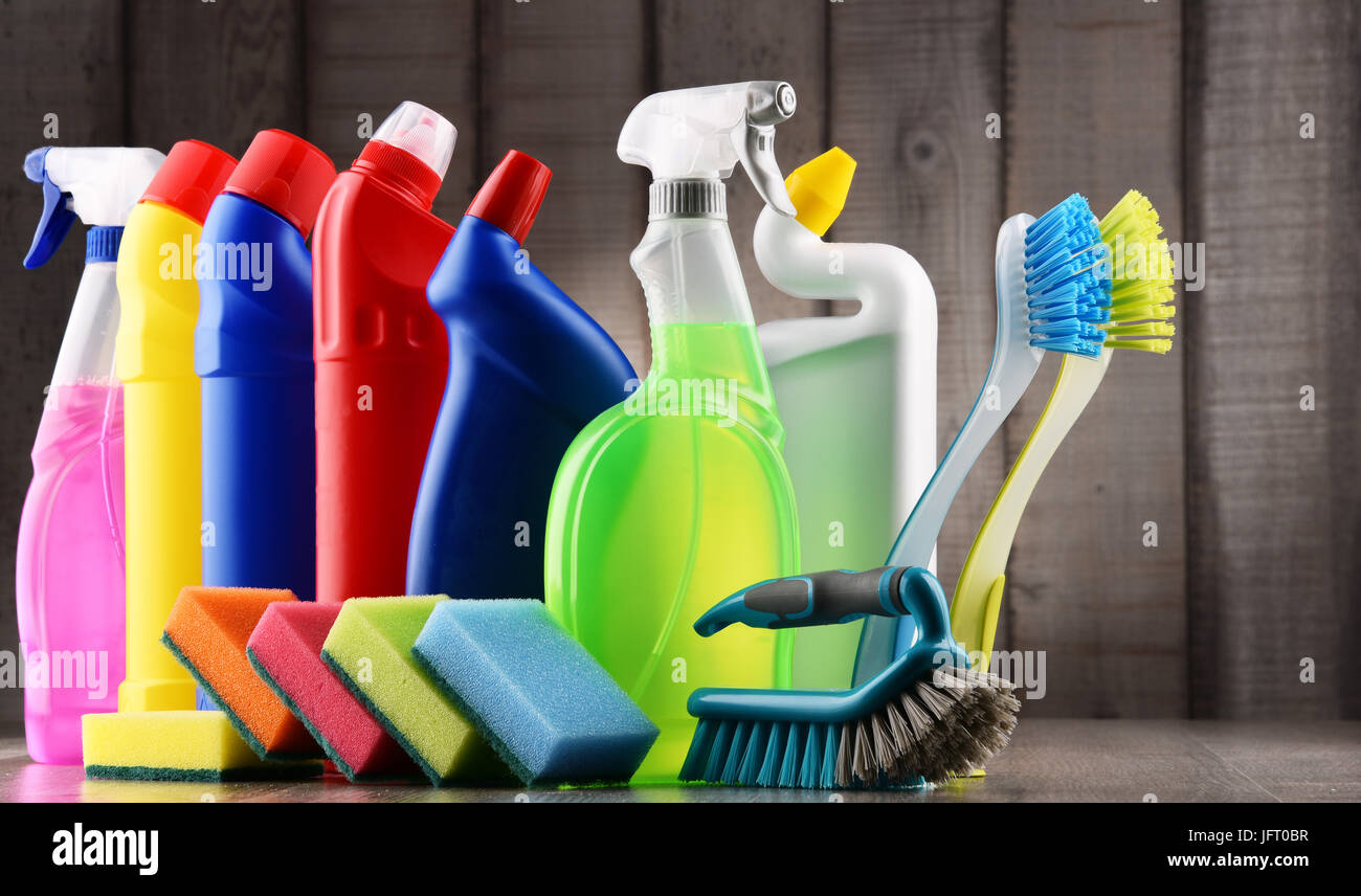 Variety of detergent bottles and chemical cleaning supplies Stock Photo