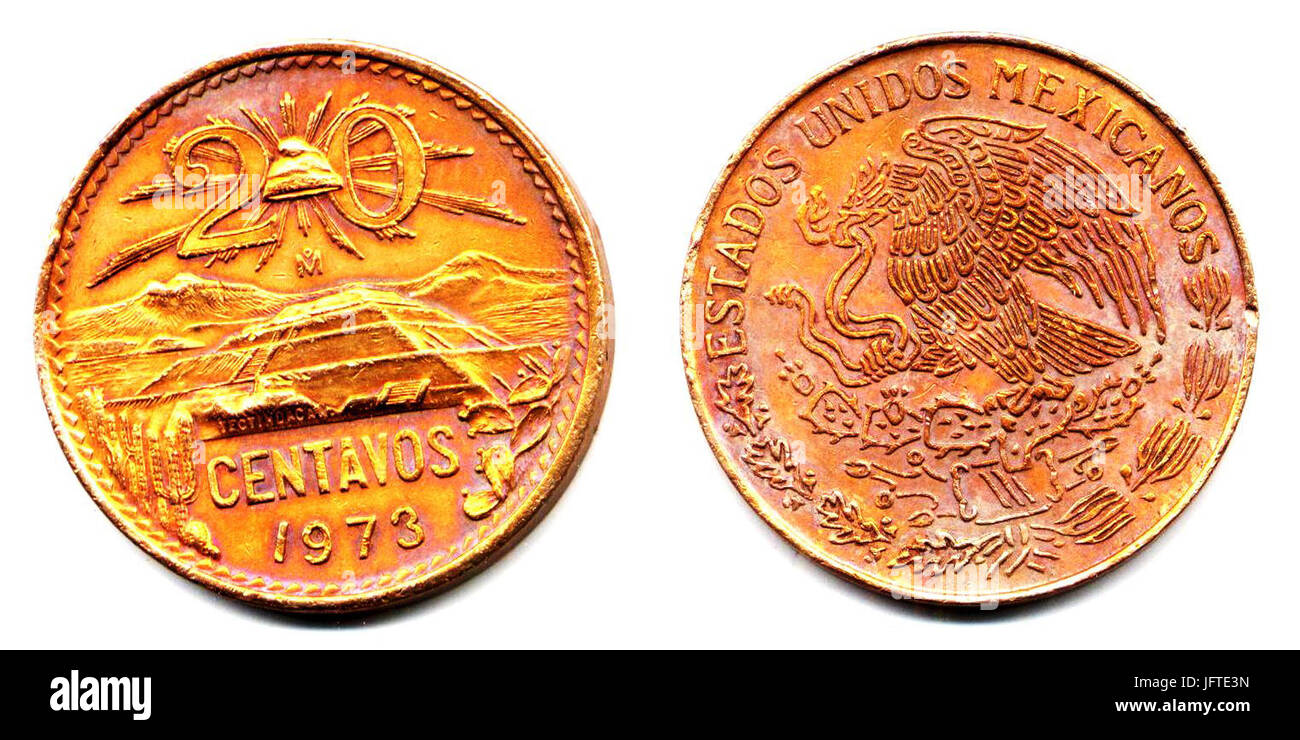 20 centavos de México de 1973 (anverso de 20 centavos y reverso de 1 peso) Stock Photo