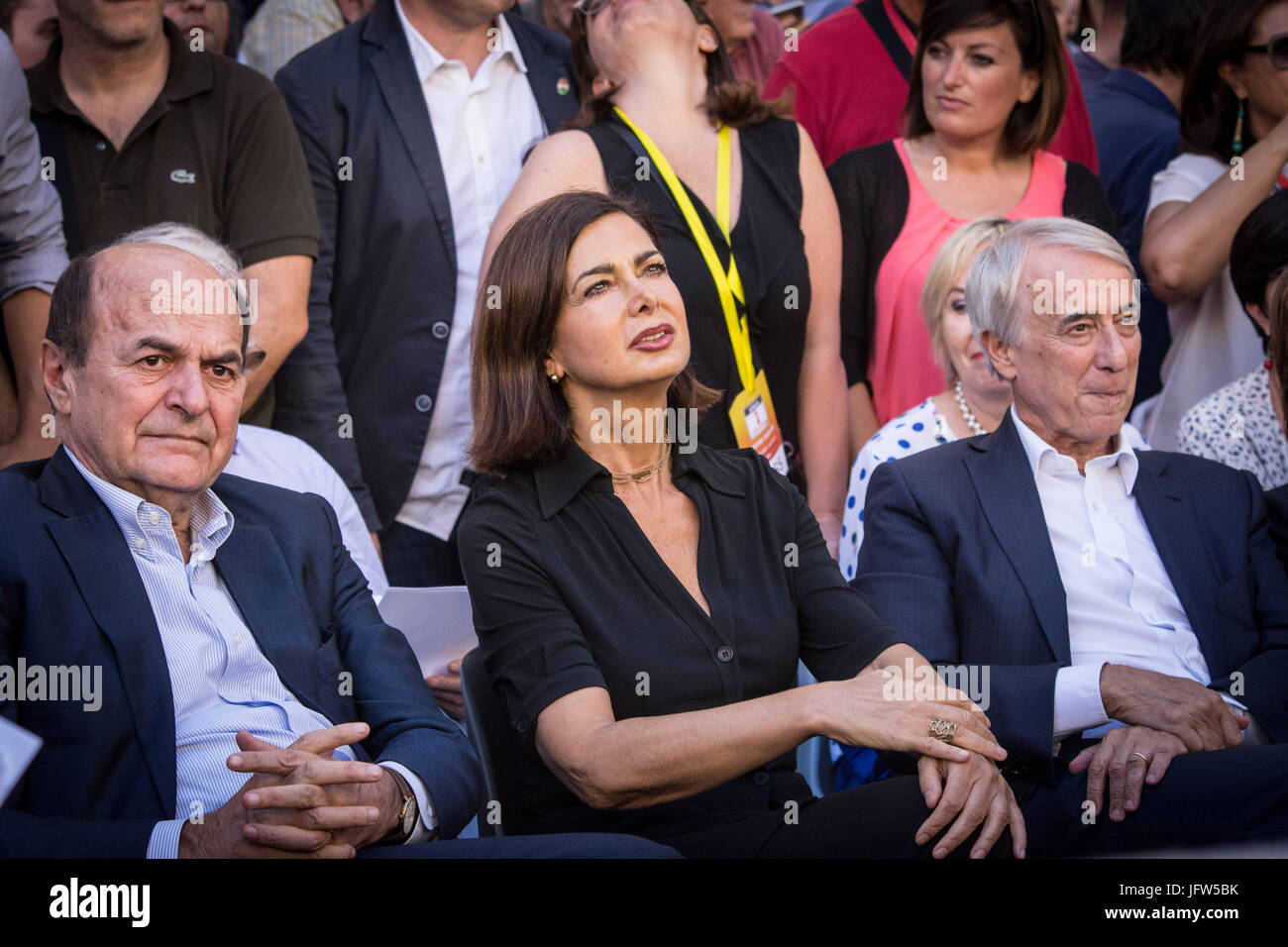 Rome, Italy. 01st July, 2017. Pierluigi Bersani (L), Giuliano Pisapia (R), and Laura Boldrini (C) during demonstration held by the group "Insieme" (Together), a new coalition of left-center parties in central Rome. The goal of the coalition "Insieme" is to build dialogue, autonomous from Democratic Party leader Matteo Renzi, but also to speak with the electors and to give the progressive electorate a reference. Credit: Andrea Ronchini/PacificPress/Alamy Live News Stock Photo