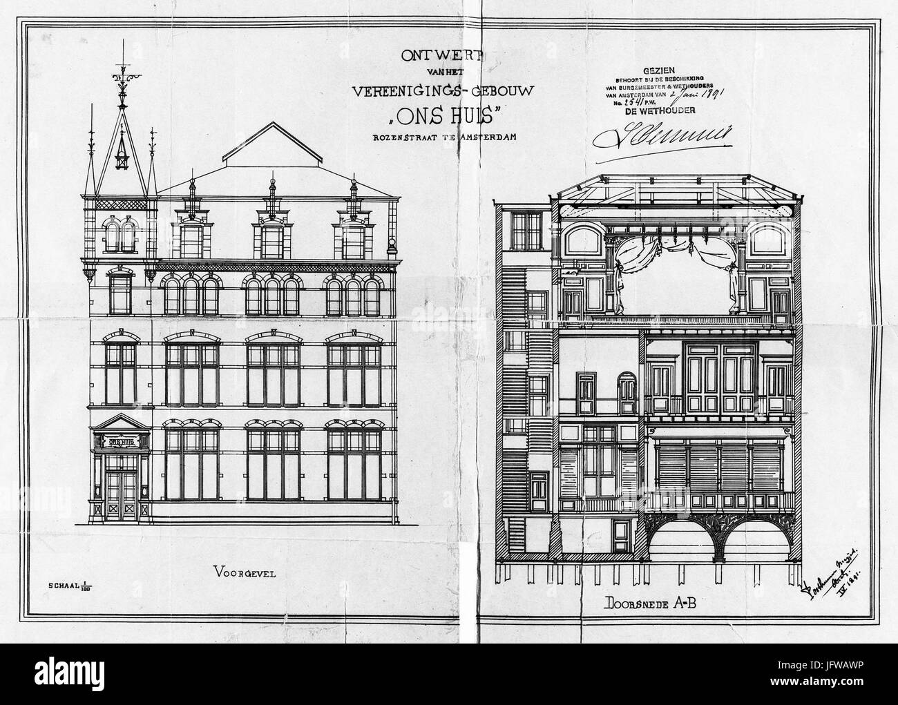 Bouwtekening  Ons Huis  Rozenstraat te Amsterdam (1891) Stock Photo