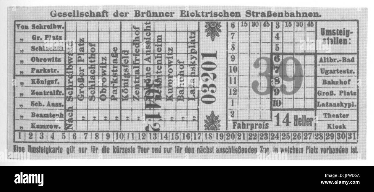 Brno tramvajový lístek z let 1912-1915 Stock Photo