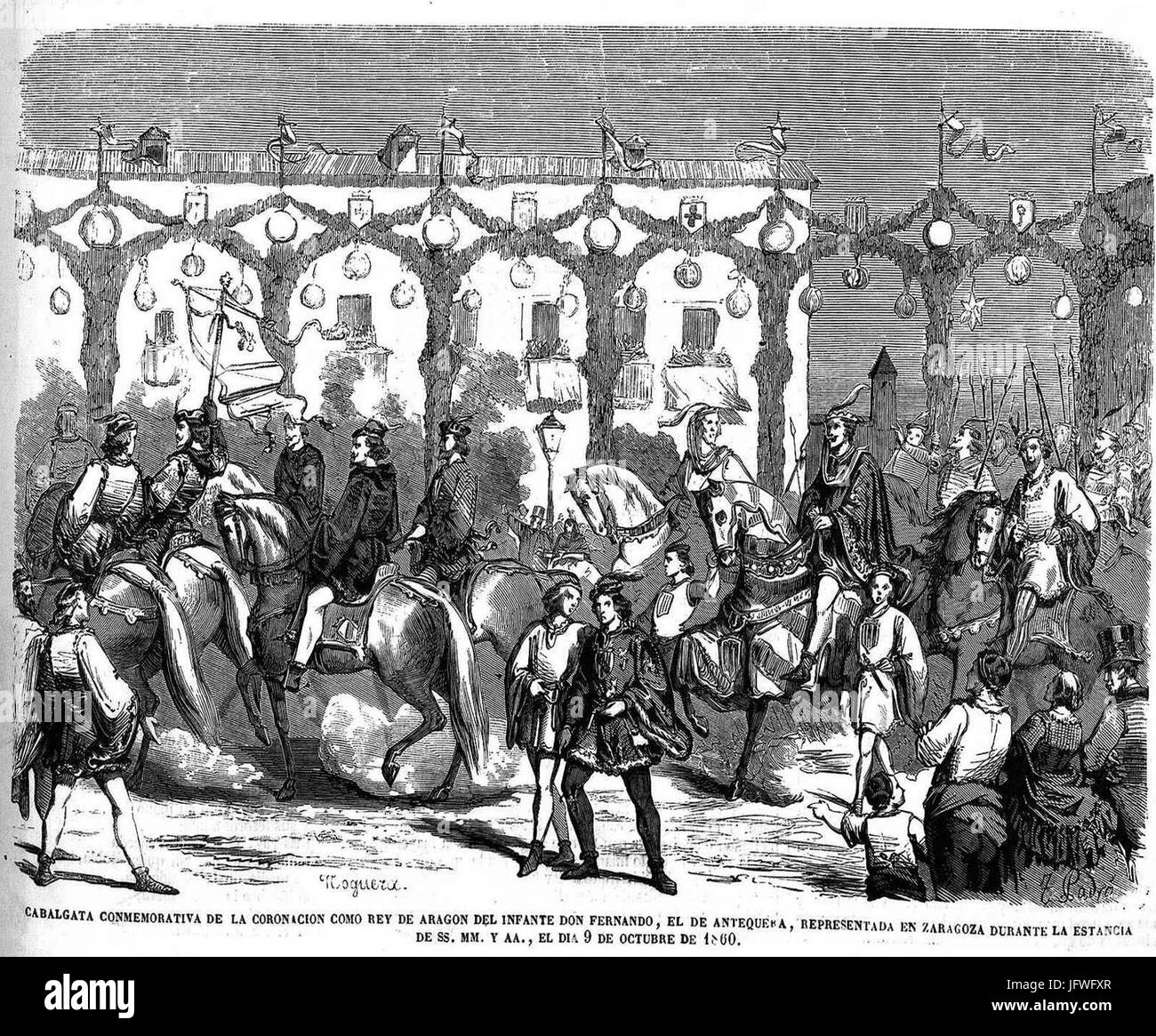 Cabalgata conmemorativa de la coronación como rey de Aragón del infante don Fernando, en Zaragoza, 9 de octubre de 1860 Stock Photo
