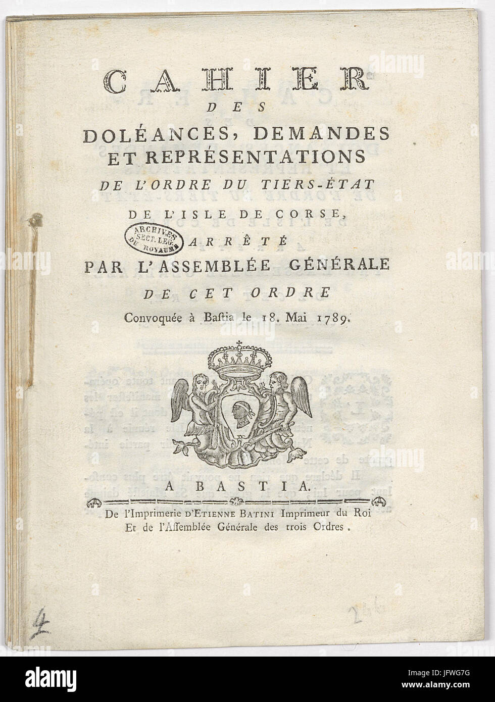 Cahier des doléances, demandes et représentations de l ordre du Tiers-État de l Isle de Corse, 1 - Archives Nationales - B-a-34 dossier 8 pièce 4 Stock Photo