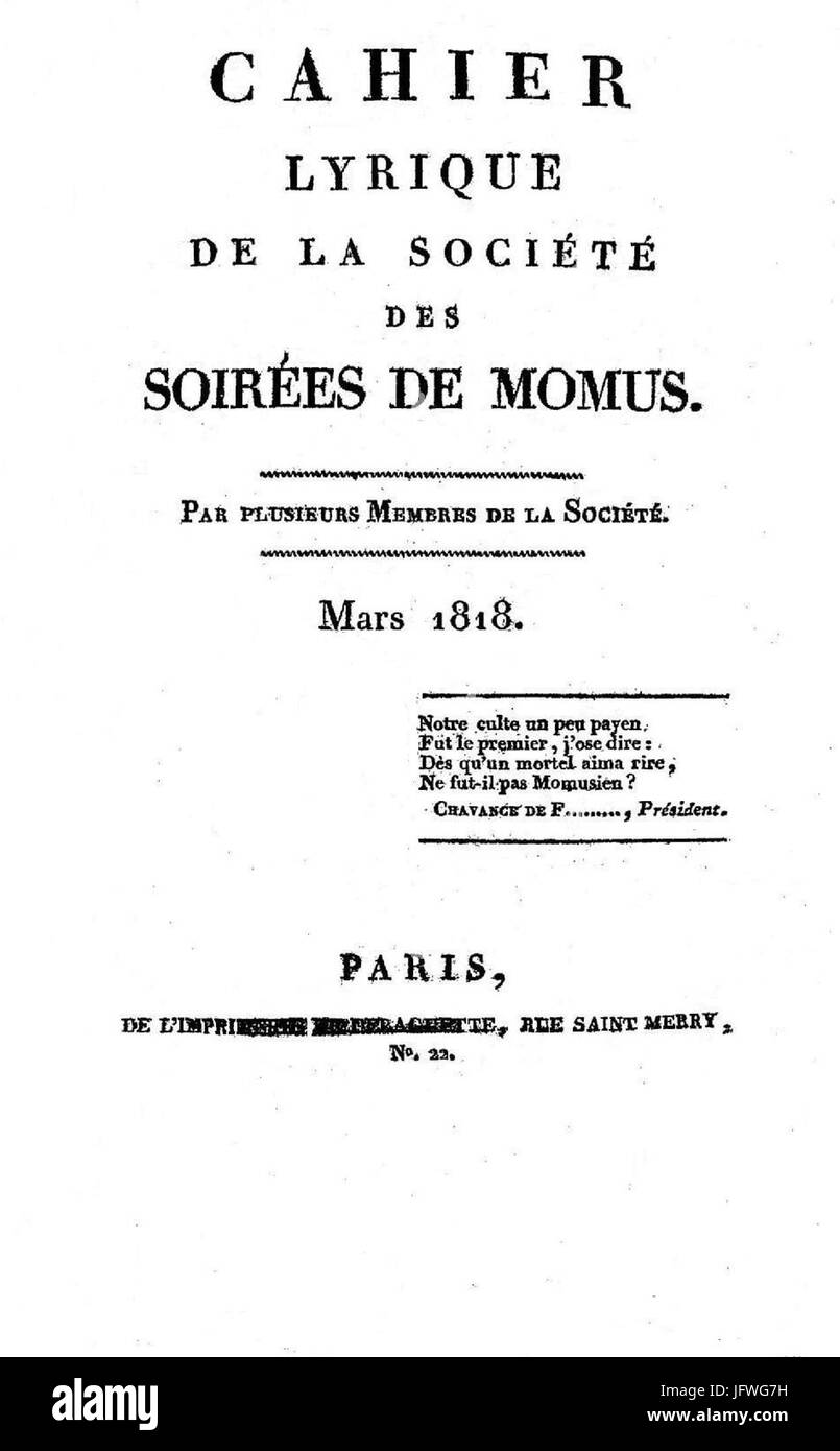 Cahier lyrique de la Société des soirées de Momus Stock Photo