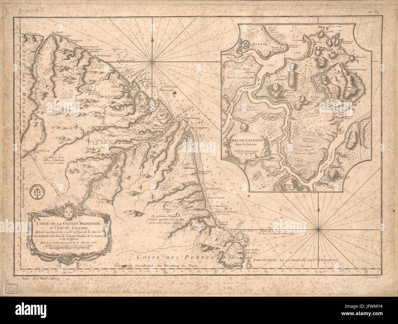 Carte de la Guyane françoise et l'isle de Cayenne (Bellin, 1763 Stock ...