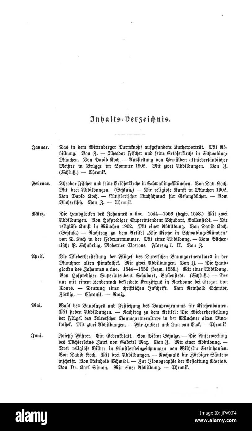 Christliches Kunstblatt für Kirche, Schule und Haus, Inhalts-Verzeichnis, 1903 Stock Photo