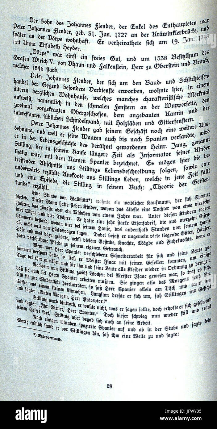 CHRONIK DER FAMILIE FLENDER, Ludwig Voss (Verlag), Düsseldorf 1900, S. 28 (Johann Heinrich Jung, gen. Jung-Stilling, geb. 1740 in Grund im Siegerland, gest. 1817 in Karlsruhe beschreibt Peter Johannes Flender) Stock Photo