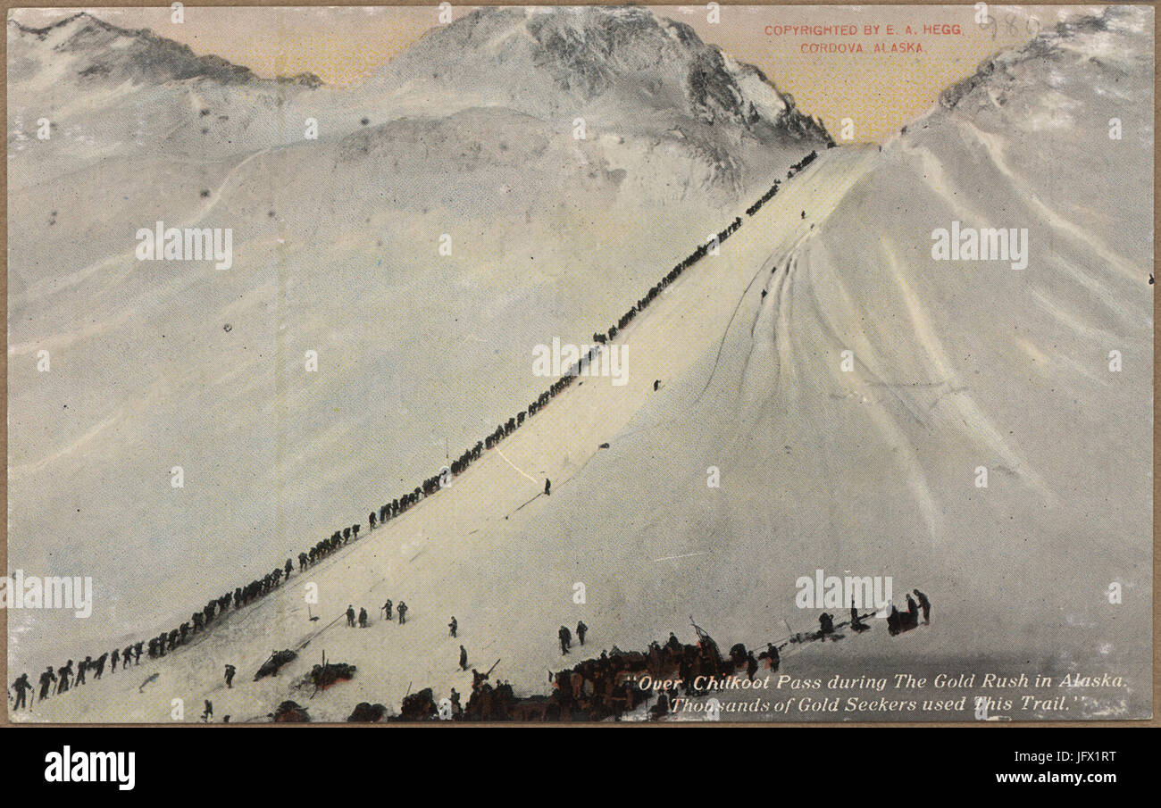 Color post card.  Over Chilkoot Pass during the Gold Rush in Alaska. Thousands of gold seekers used this trail.  - NARA - 297823 Stock Photo