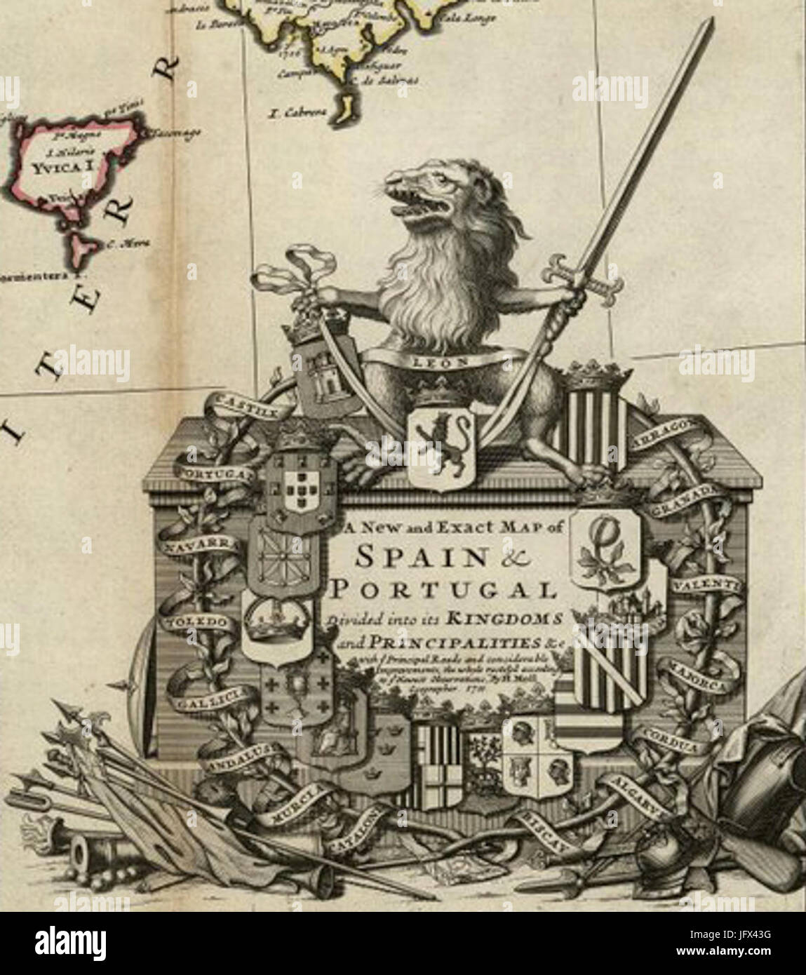 Corona heráldica del mapa de 1711 de Herman Moll de España y Portugal Stock Photo