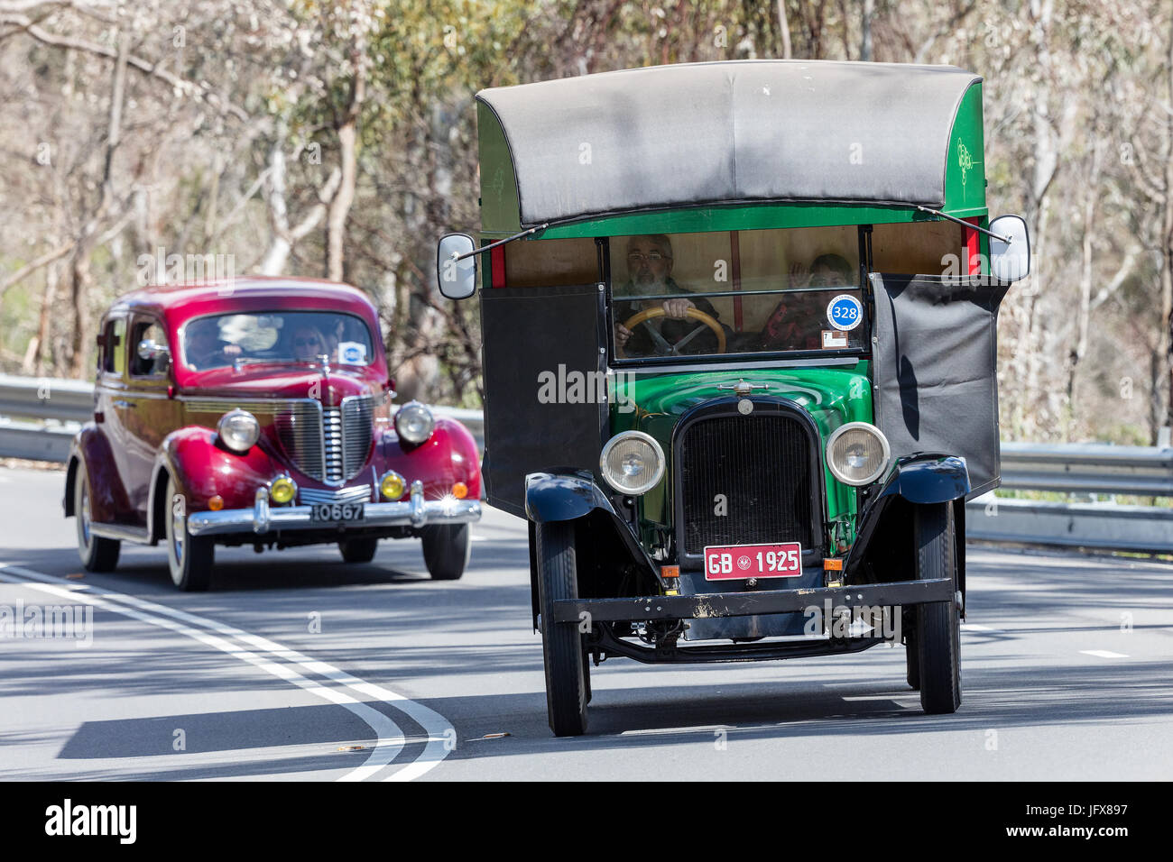 Vintage 1925 Reo SpeedWagon Truck driving on country roads near the town of Birdwood, South Australia. Stock Photo