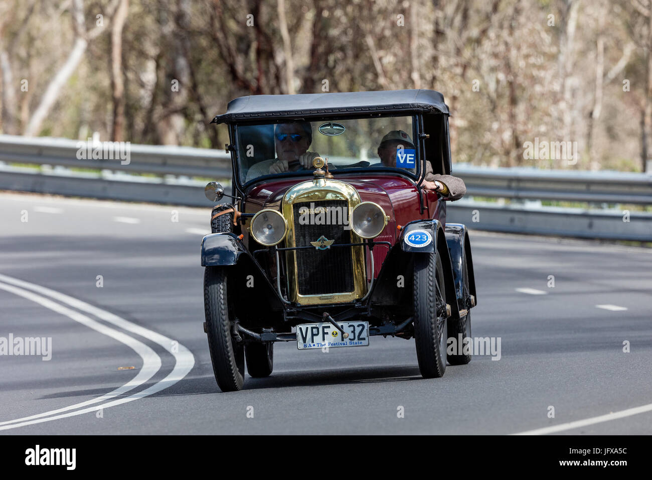 Vintage 1925 Amilcar C4 Tourer driving on country roads near the town of Birdwood, South Australia. Stock Photo