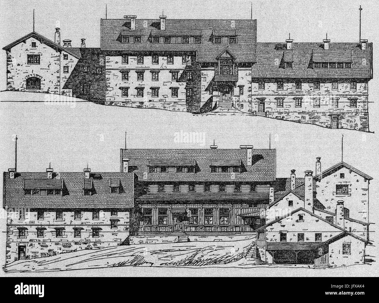 A historical photograph of the Berliner Hütte, built in 1912. This image captures the mountain hut's architecture and its connection to alpine tourism during the early 20th century. Stock Photo