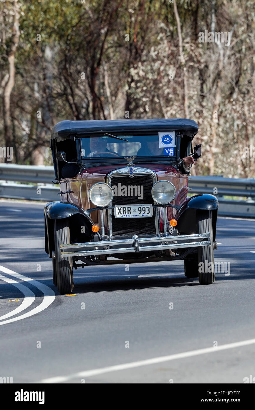 Vintage 1929 Chevrolet Tourer sedan driving on country roads near the town of Birdwood, South Australia. Stock Photo
