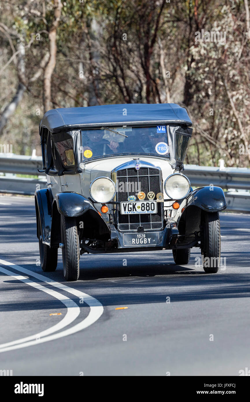 Vintage 1928 Durant Rugby Tourer driving on country roads near the town of Birdwood, South Australia. Stock Photo