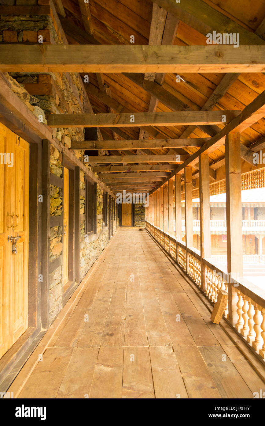 Pure Wooden platform gallery corridor architecture in at Prashar Lake, Himachal Pradesh, India Asia Stock Photo