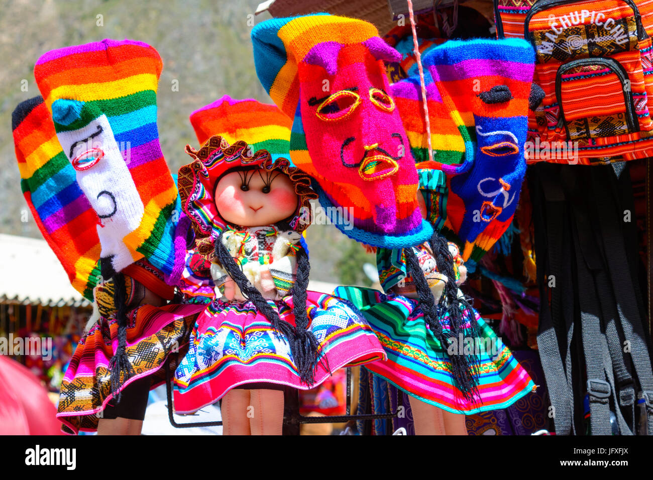 Colourful goods for sale in souvenir shop in Ollantaytambo, Peru. Ollantaytambo is a town and an Inca archaeological site in Peru. Stock Photo