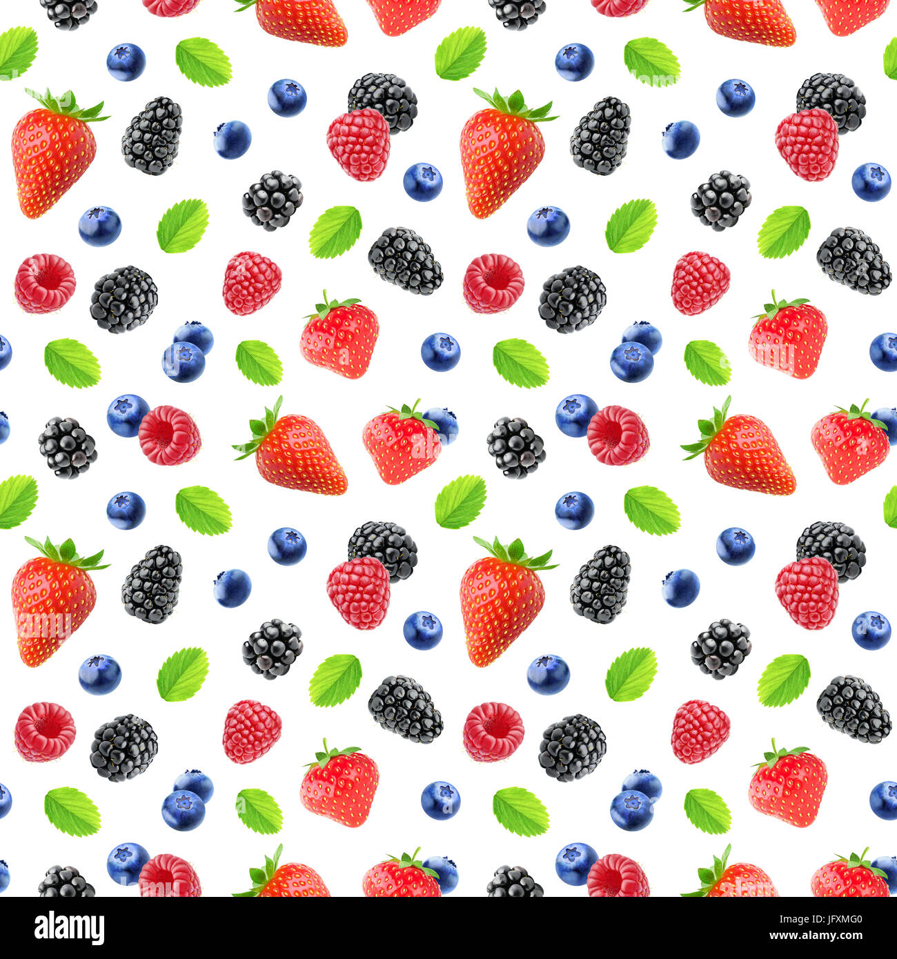 Berries pattern. Seamless background with strawberry, blackberry, raspberry and blueberry fruits isolated on white background with clipping path Stock Photo
