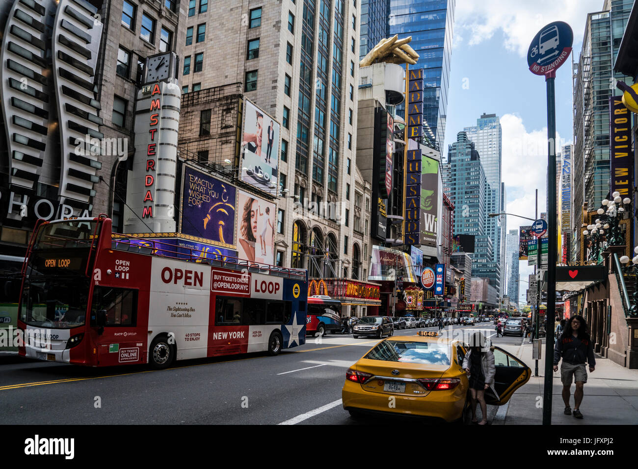 Looking up 42nd St in Time Square Manhattan New York Stock Photo