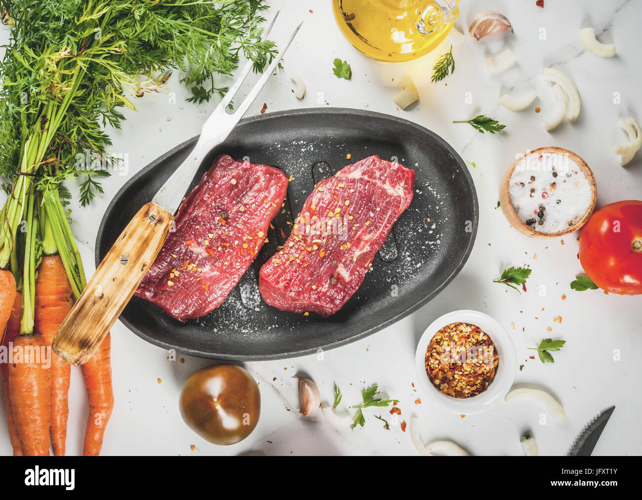 Meat, beef. Fresh raw steaks in a frying pan. Spices (salt, pepper