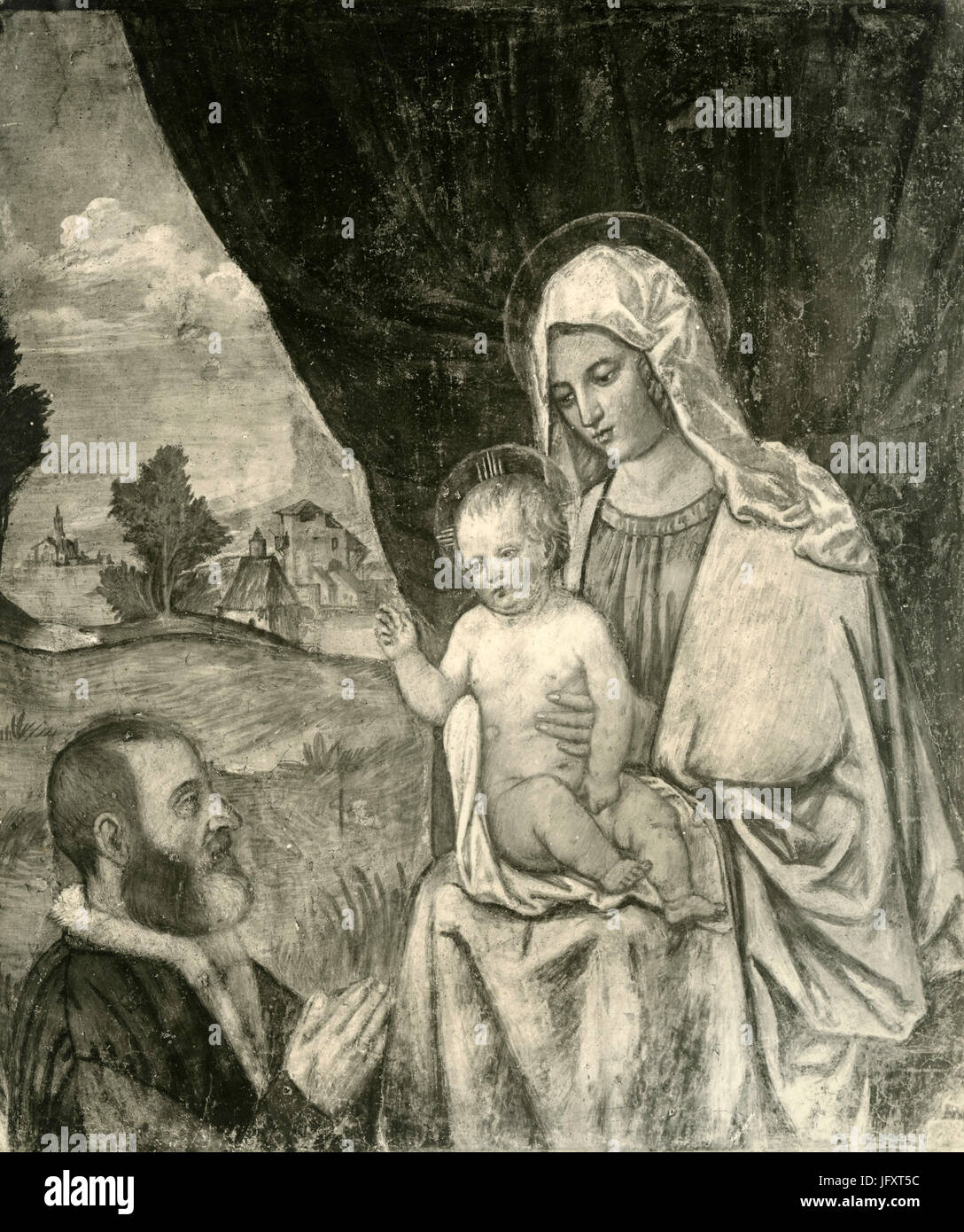 Madonna with baby Jesus and donor, painting by Campagnola, Padua, Italy Stock Photo