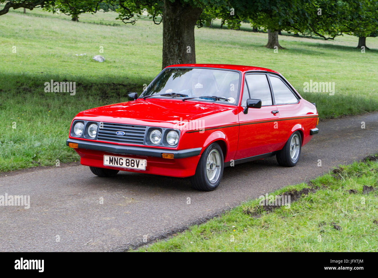 MNG88V 1980 red Ford Escort RS Custom at Mark Woodward Classic Events, classic cars, classic cars, cherished, veteran, old timer, vintage vehicles. Stock Photo