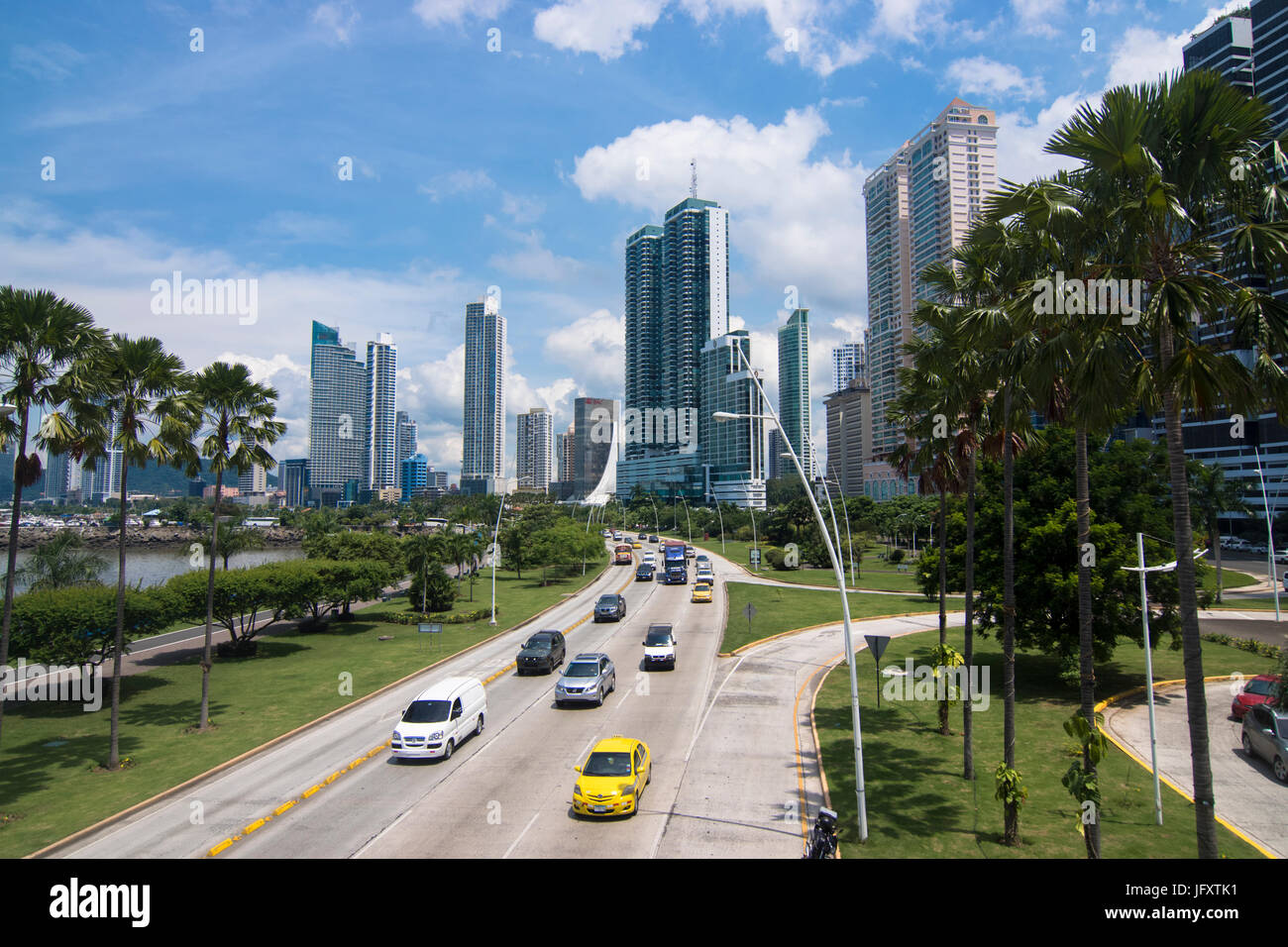 Cinta Costera with cars and high rise buildings, Panama City, Panama Stock Photo